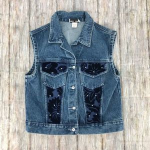 90’s Vintage Denim Floral Burnout Rhinestone Button Front Collared Vest Small